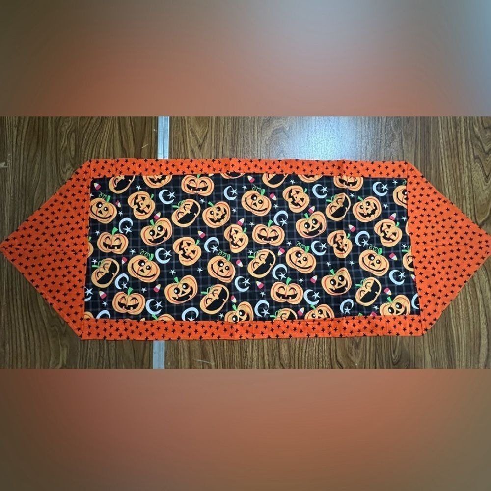 Handmade Table Runner Fall Halloween Orange Pumpkin Jack-o'-lantern - 14" X 39"